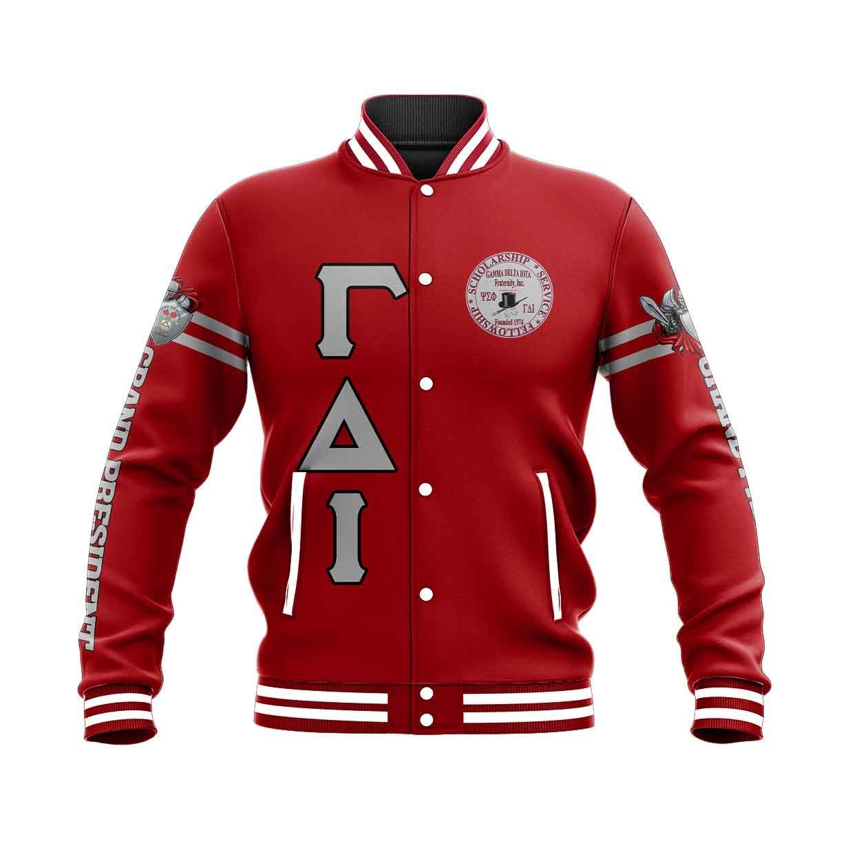 Gamma Delta Iota Red Letters Baseball Jacket | Africazone.store