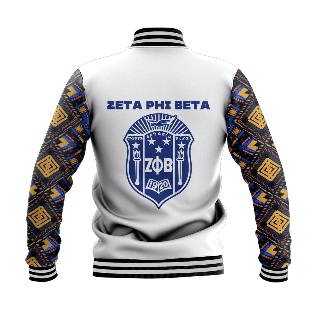 Africa Zone Jacket - Zeta Phi Beta African Pattern - White Baseball Jacket J5