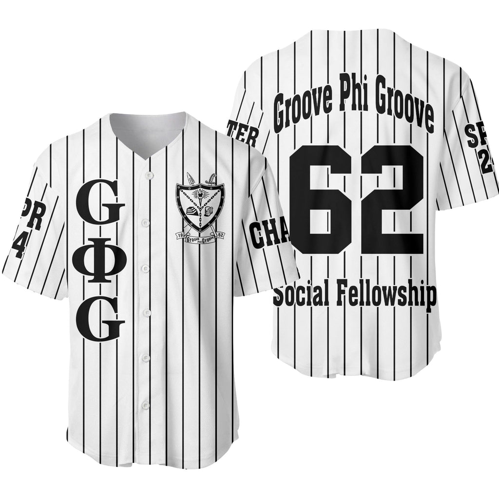 Africazone Clothing - (Custom) Groove Phi Groove Social Fellowship (White) Pin Striped Baseball Jersey A31