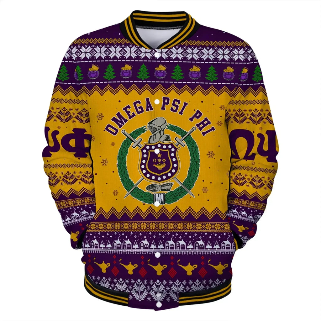 AfricaZone Jacket - Omega Psi Phi Greek Letter Christmas Baseball Jacket J5 | Africazone.store