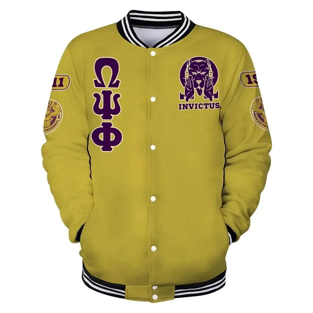 AfricaZone Jacket - Omega Psi Phi Invictus Bulldog Baseball Jacket J5 | Africazone.store