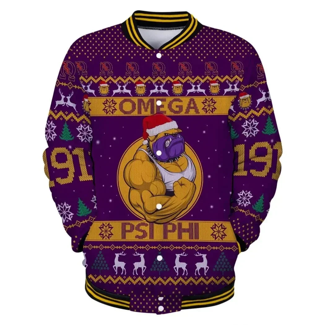 AfricaZone Jacket - Lux Omega Psi Phi Muscle Bulldog Christmas Baseball Jacket J5 | Africazone.store