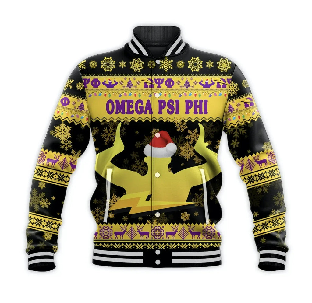 AfricaZone Jacket - Omega Psi Phi Fraternity Christmas Hand Sign - Black Baseball Jacket J5 | Africazone.store