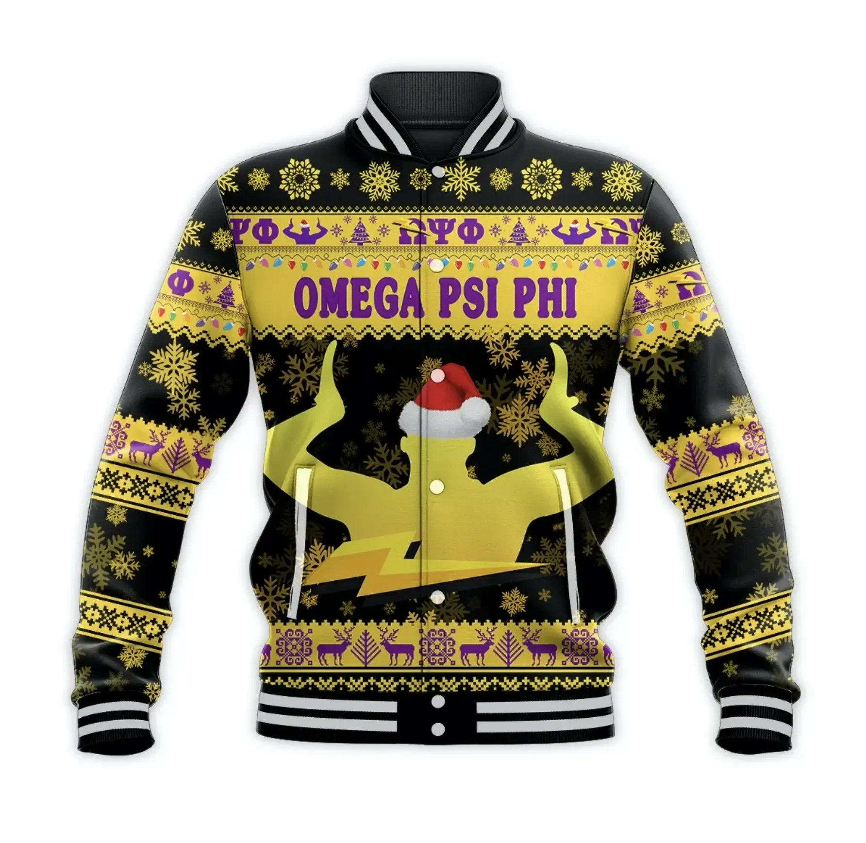 AfricaZone Jacket - Omega Psi Phi Fraternity Christmas Hand Sign - Black Baseball Jacket J5 | Africazone.store