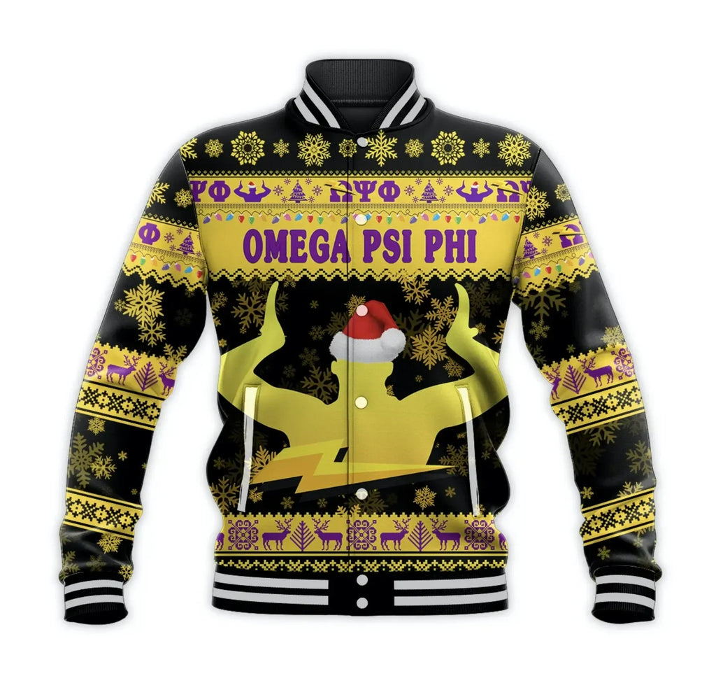 AfricaZone Jacket - Omega Psi Phi Fraternity Christmas Hand Sign - Black Baseball Jacket J5