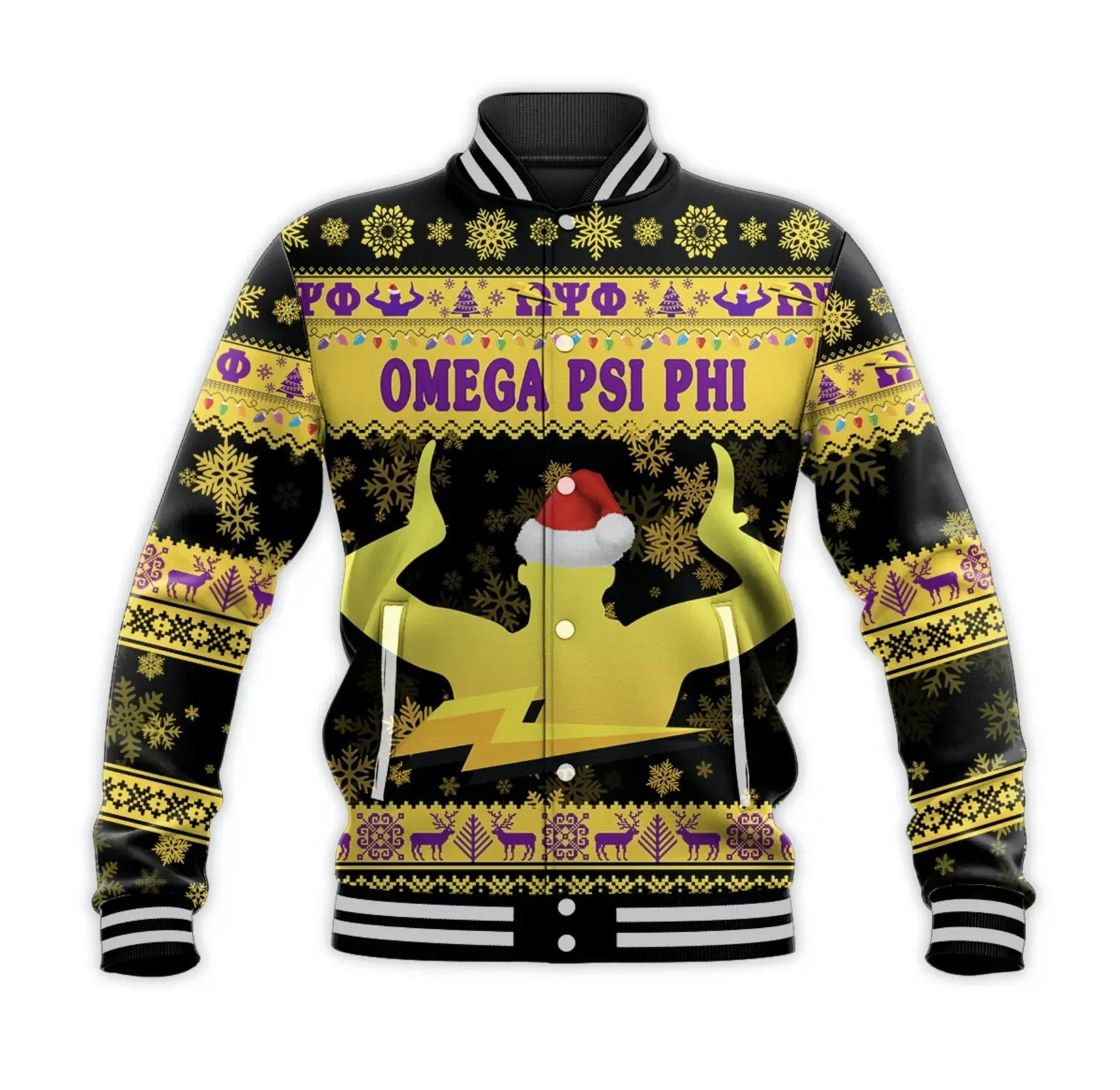 AfricaZone Jacket - Omega Psi Phi Fraternity Christmas Hand Sign - Black Baseball Jacket J5