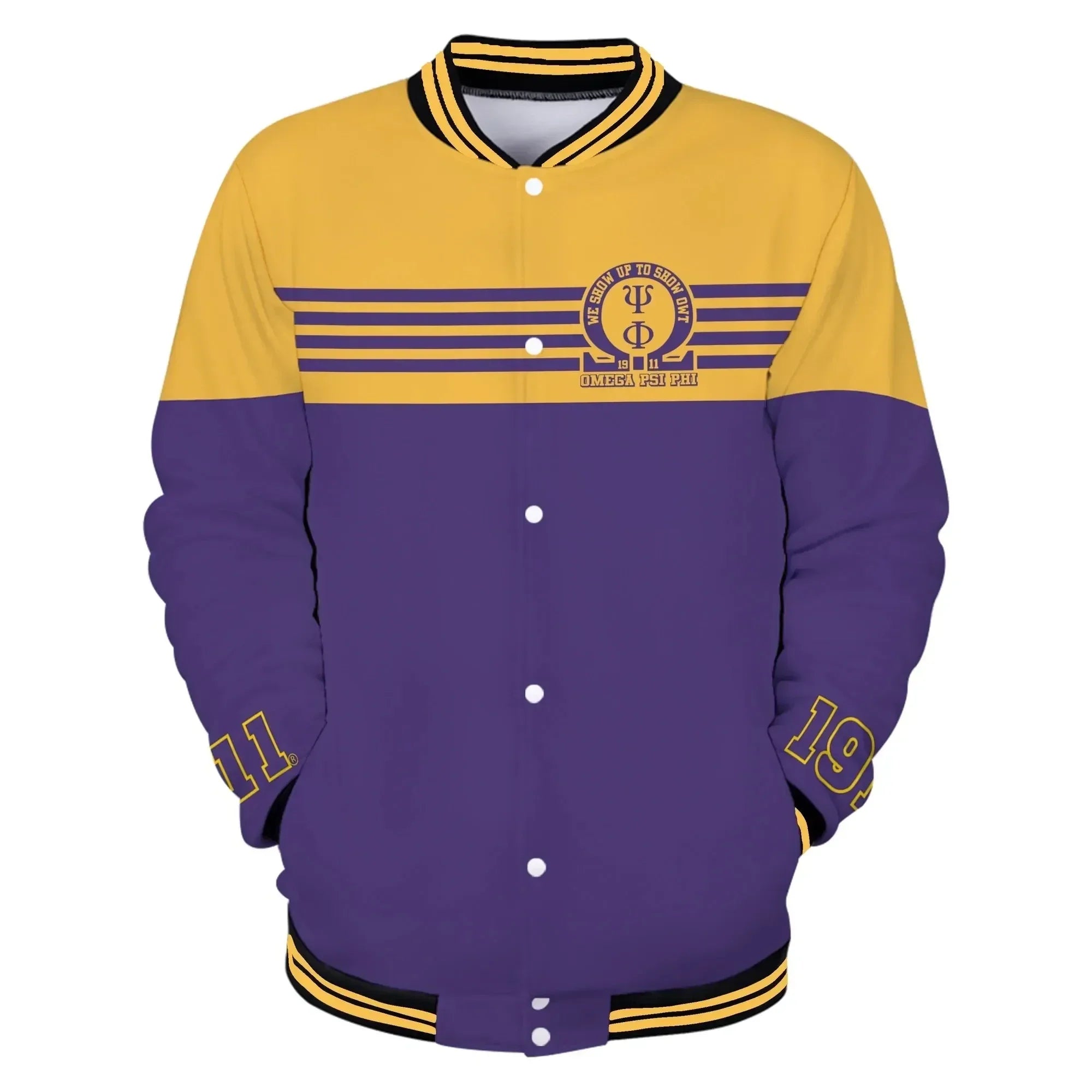 AfricaZone Jacket - Omega Psi Phi We Show Up To Show Out Baseball Jacket J5 | Africazone.store