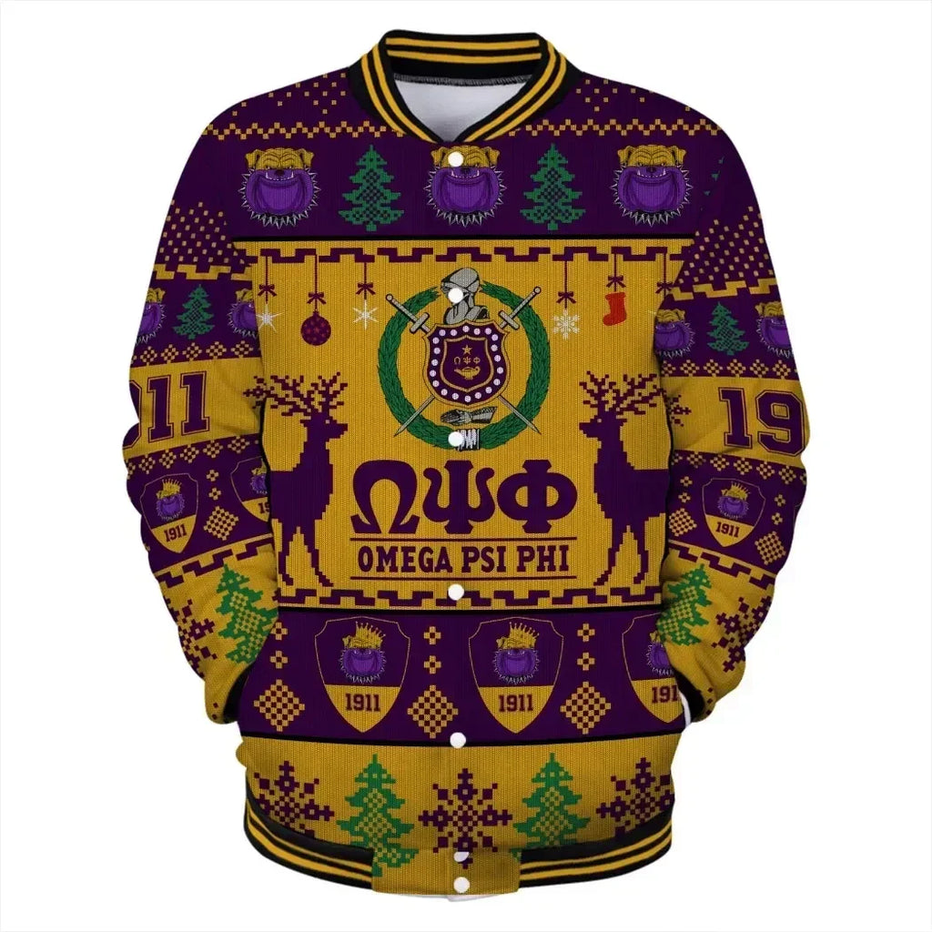 AfricaZone Jacket - Lux Omega Psi Phi Bulldog Greek Letter Christmas Baseball Jacket J5 | Africazone.store