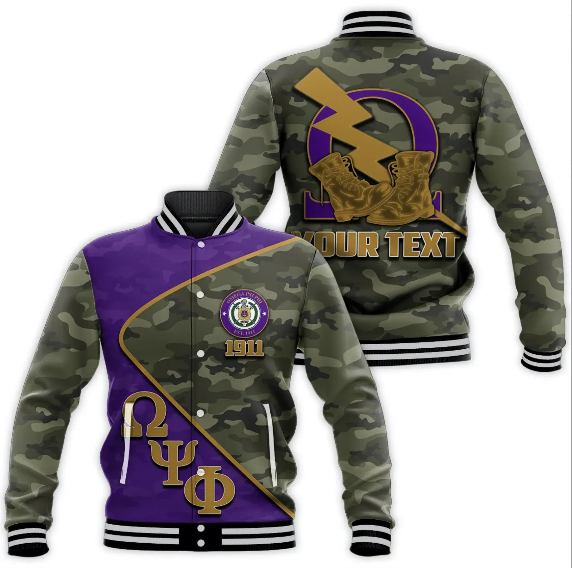 AfricaZone Jacket - Personalised Omega Psi Phi Army Style Baseball Jacket J5 | Africazone.store