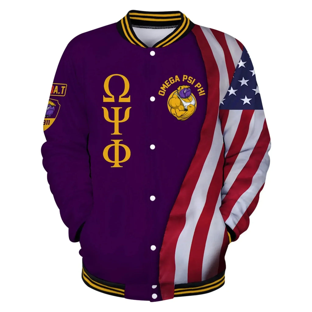 AfricaZone Jacket - Omega Psi Phi USA Flag Baseball Jacket J5 | Africazone.store