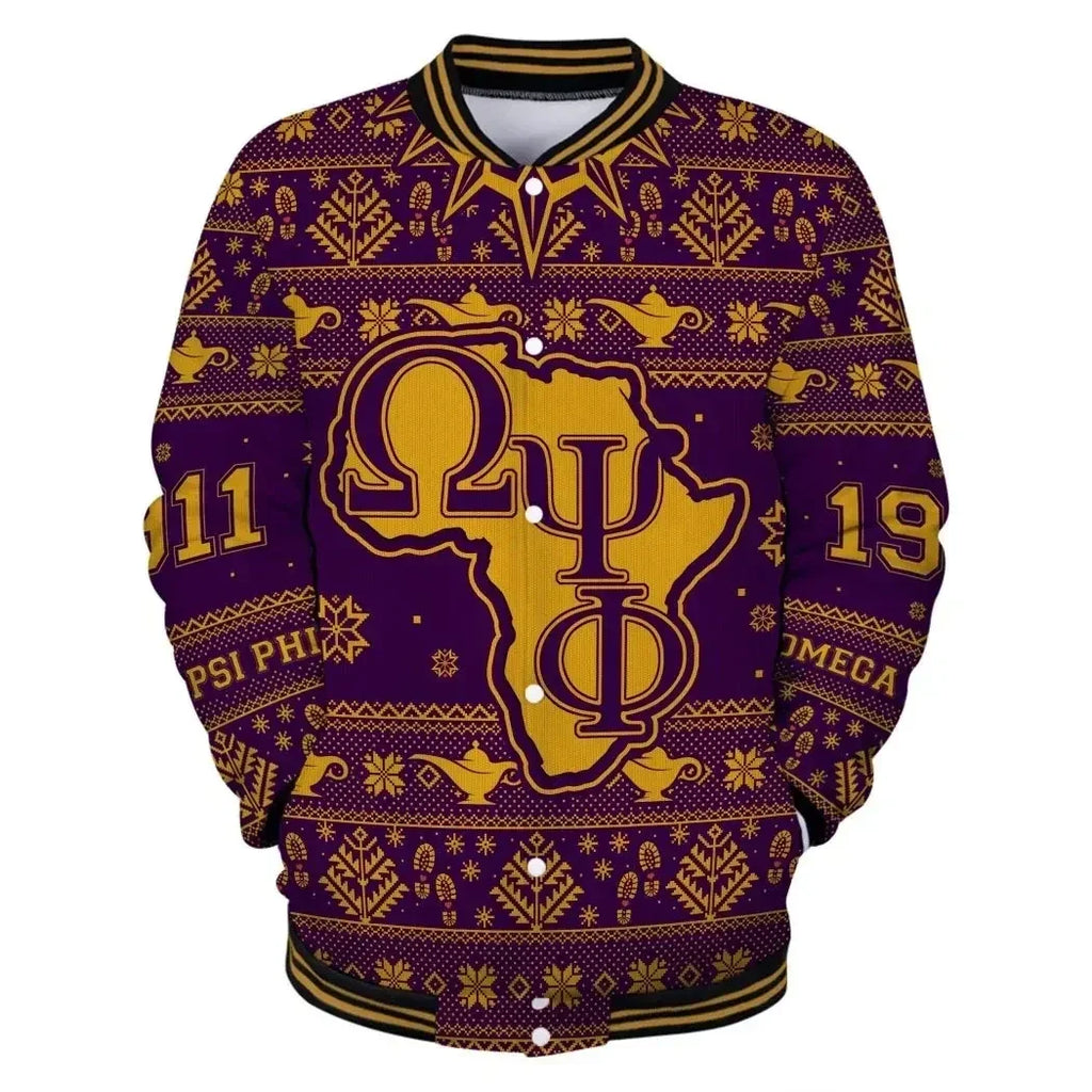 AfricaZone Jacket - Omega Psi Phi Africa Map Christmas Baseball Jacket J5 | Africazone.store