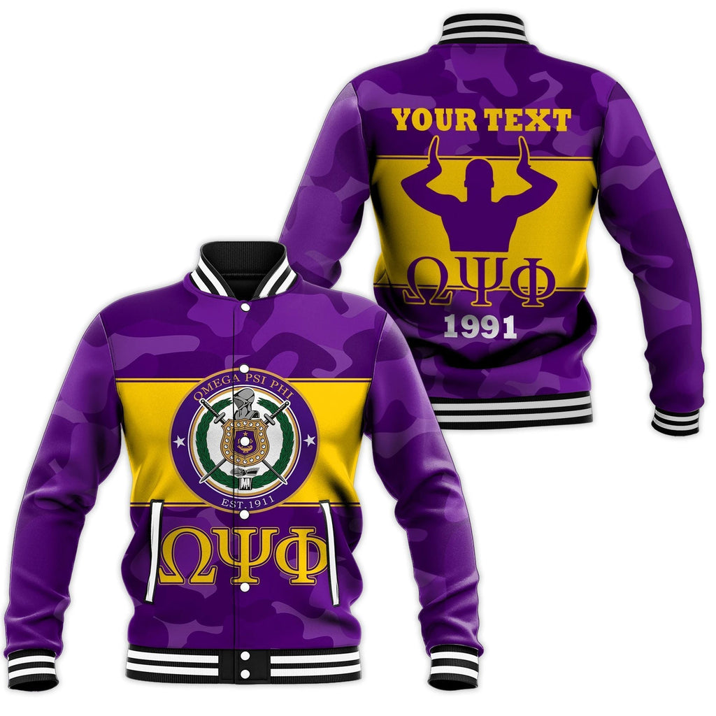 AfricaZone Jacket - PERSONALIZED OMEGA PSI PHI BASEBALL JACKET - CAMO VERSION J5 | Africazone.store