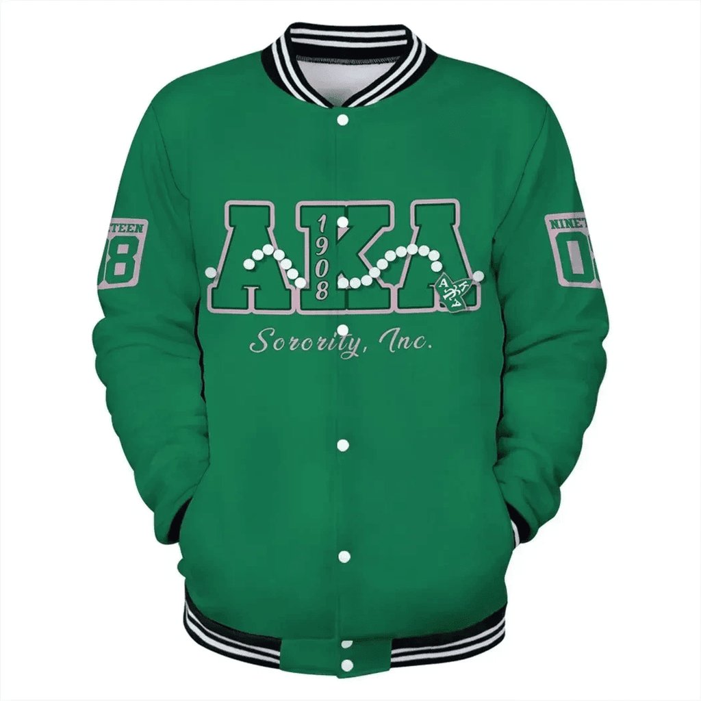 Africa Zone Greek Life Clothing - AKA Sorority Pearls Green Baseball Jacket J5