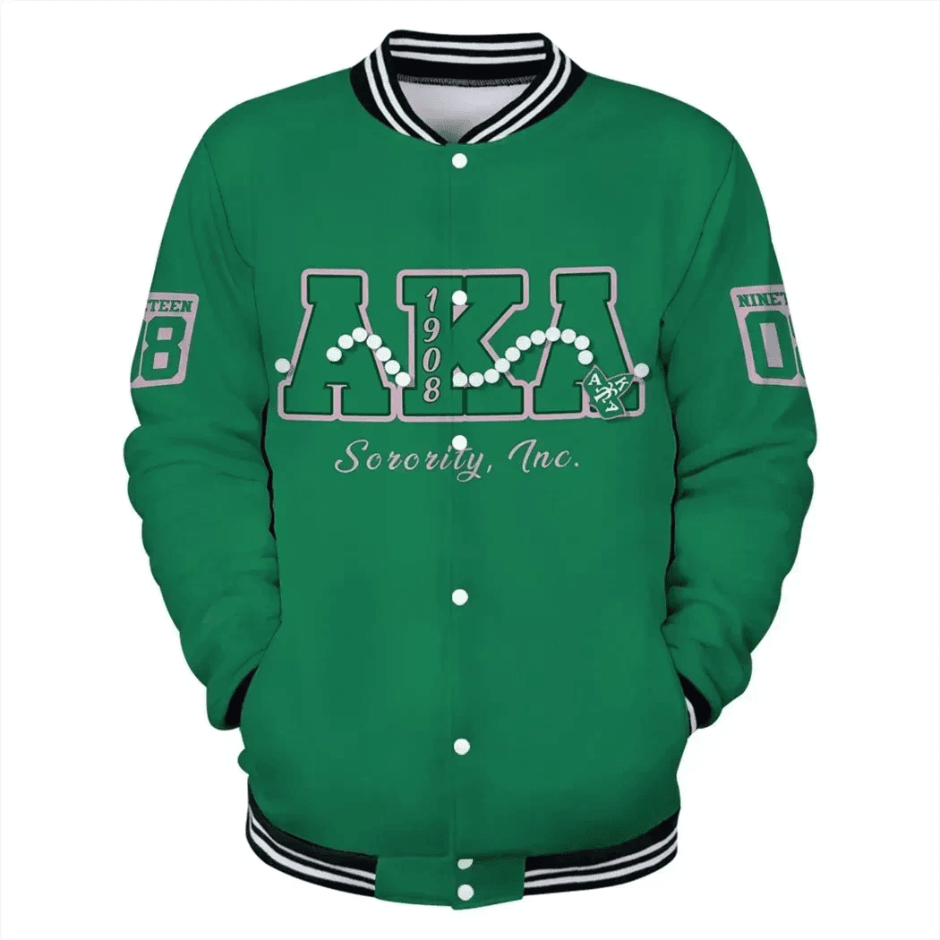 Africa Zone Greek Life Clothing - AKA Sorority Pearls Green Baseball Jacket J5