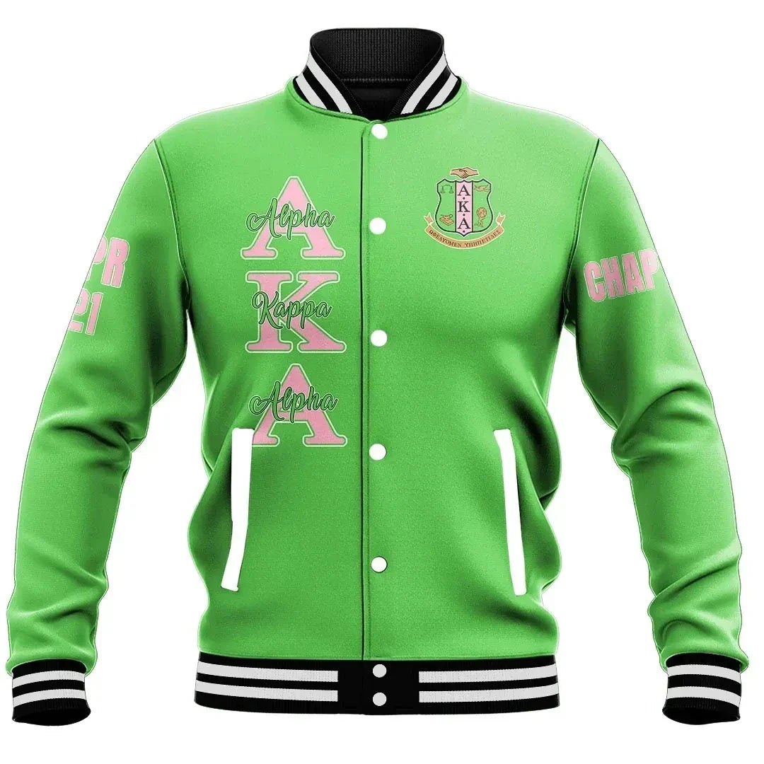 (Custom) Africa Zone Greek Life Clothing - AKA Sorority (Green) Baseball Jackets A31