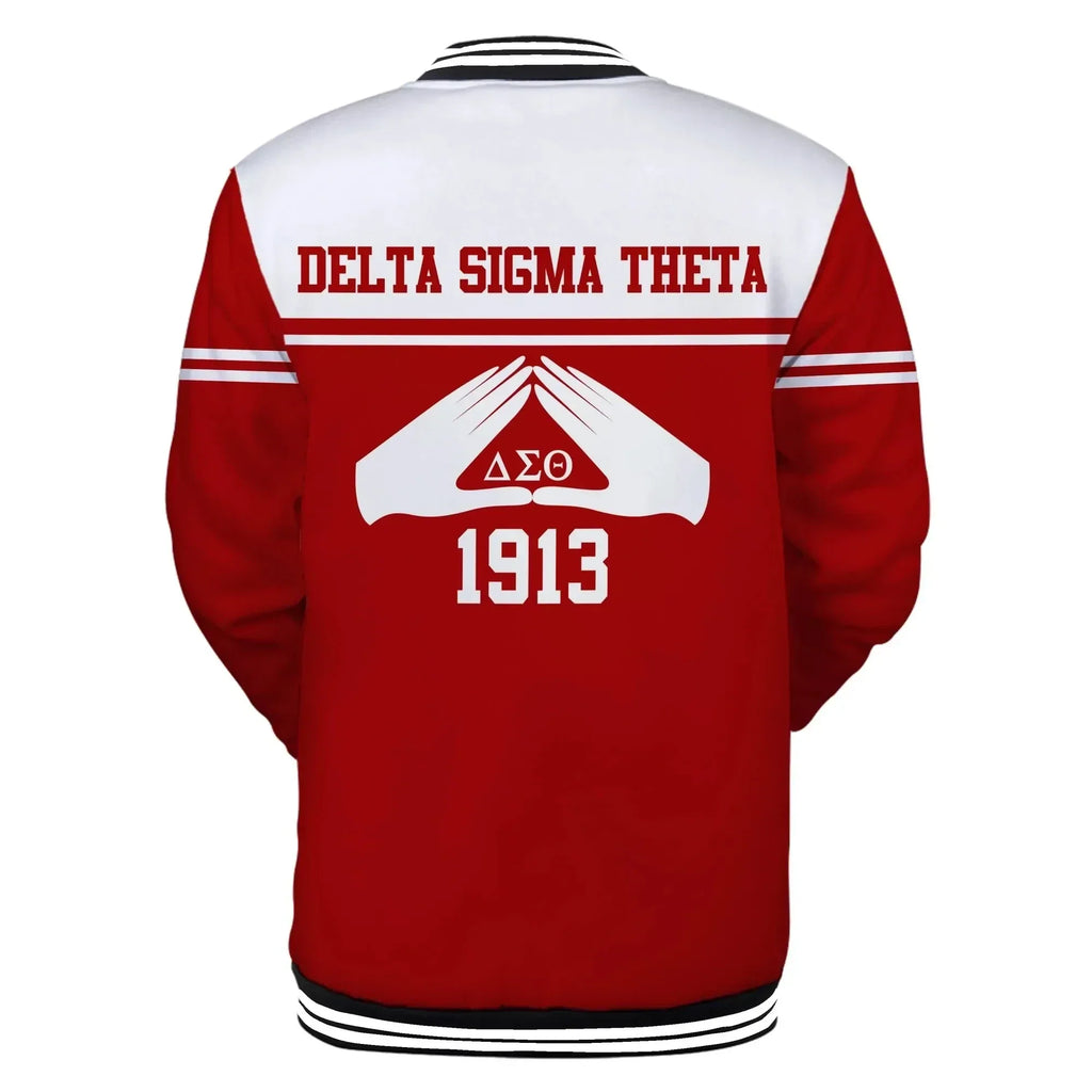 Africa Zone Greek Life Clothing - Delta Sigma Theta Sorority Hand Sign Red White Baseball Jacket J5