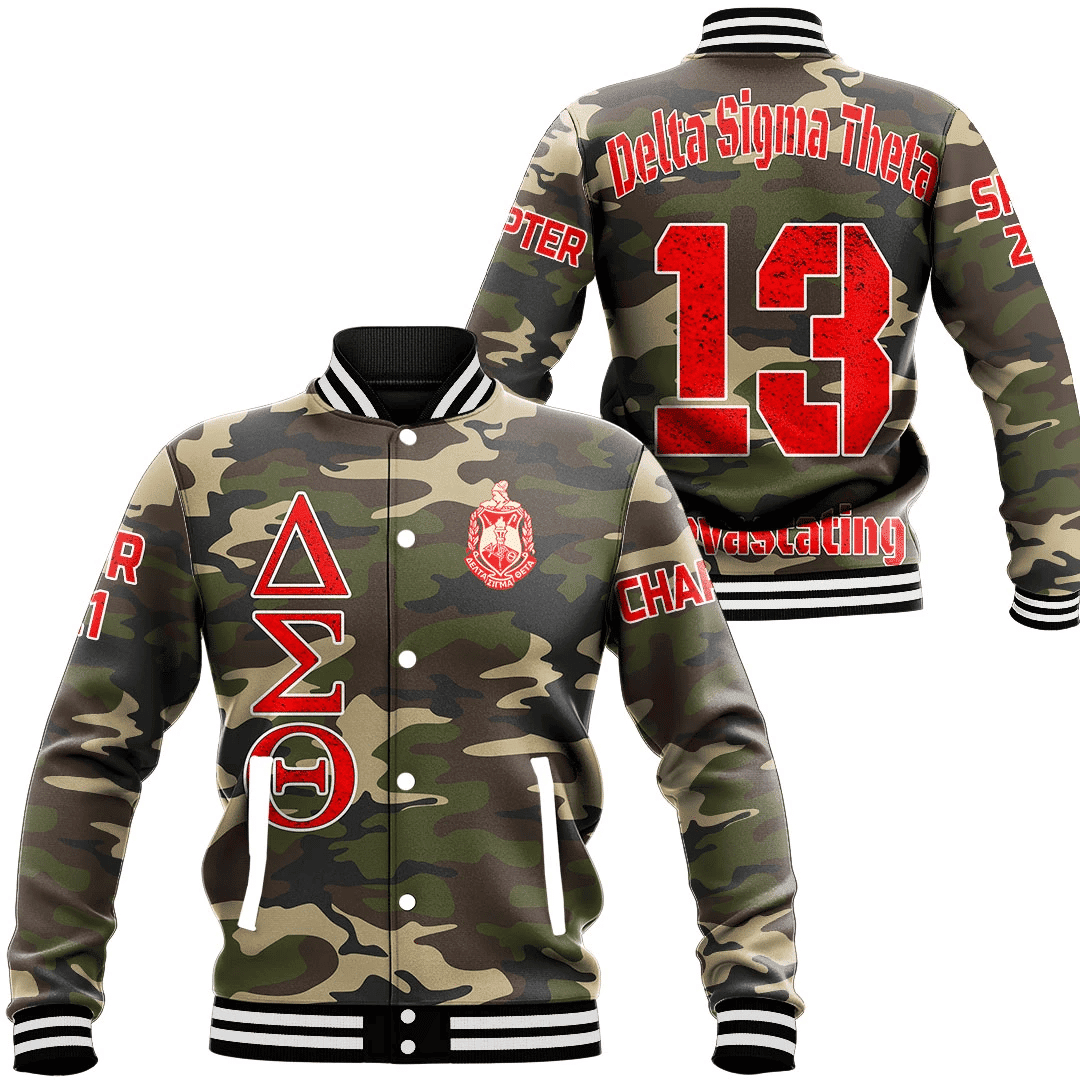 (Custom) Africa Zone Greek Life Clothing - Delta Sigma Theta Sorority Camouflage Baseball Jackets A31