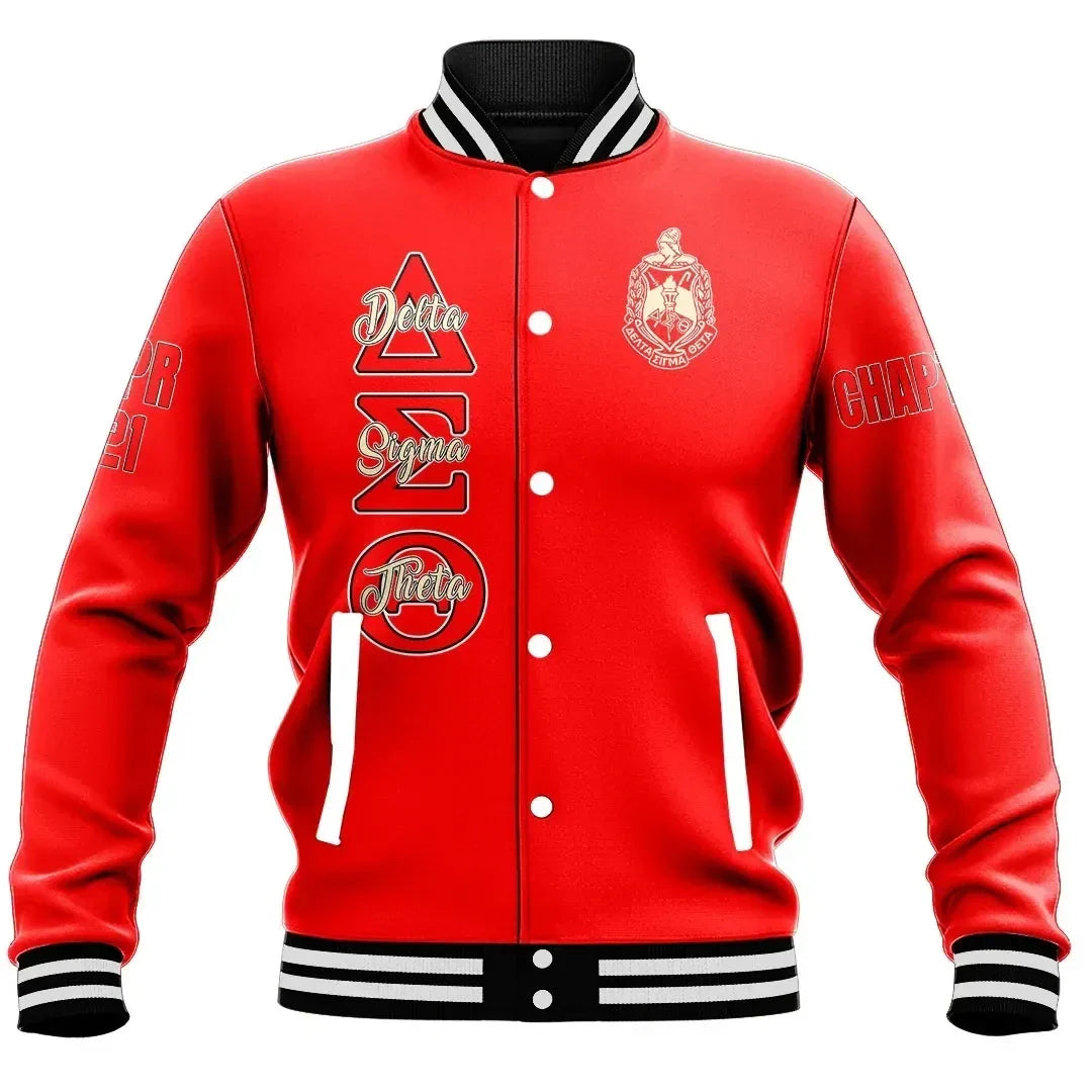 (Custom) Africa Zone Greek Life Clothing - Delta Sigma Theta Sorority (Red) Baseball Jackets A31