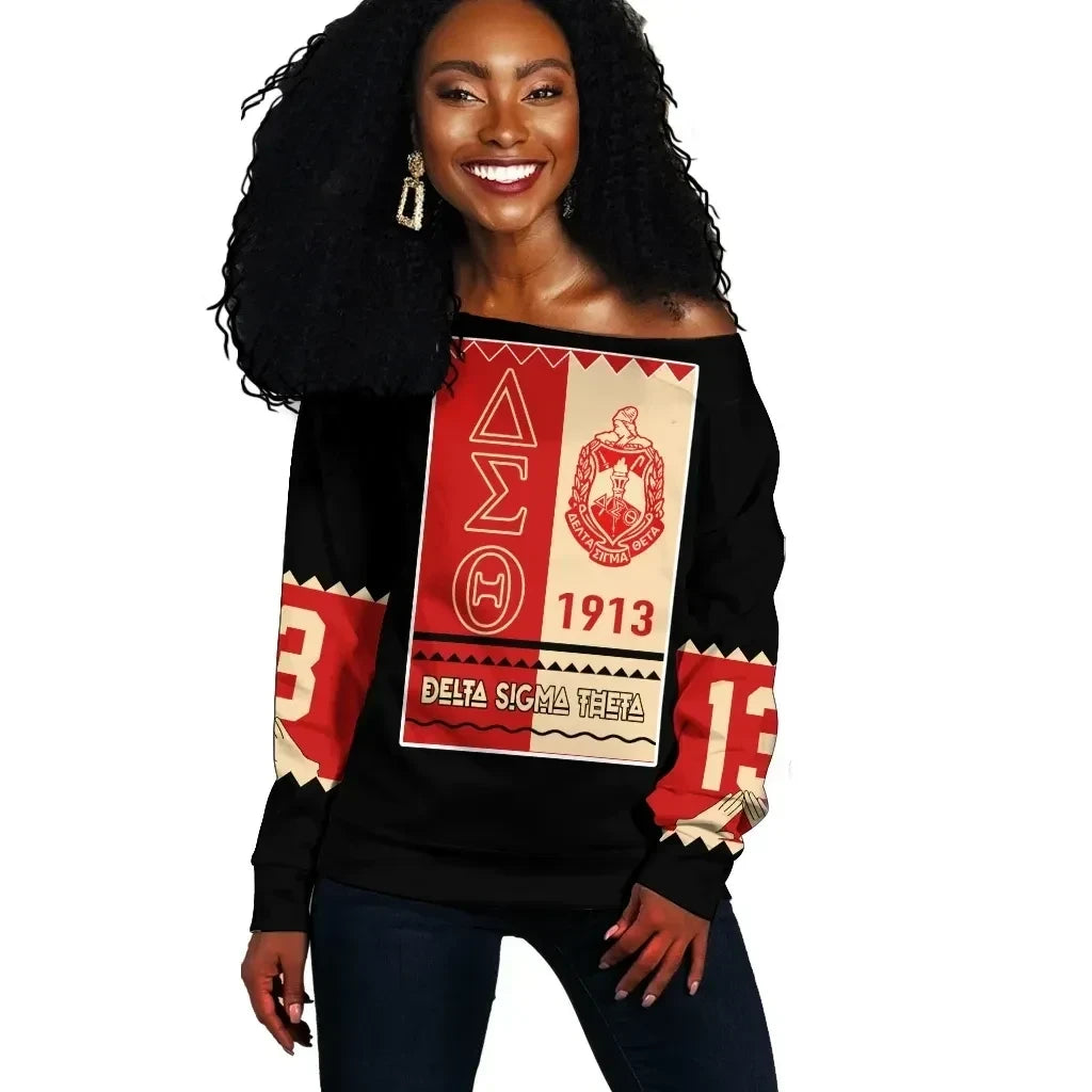 Deltas 1913 Black History Off Shoulder Sweater - Heritage Pride Panel Style (Campus)