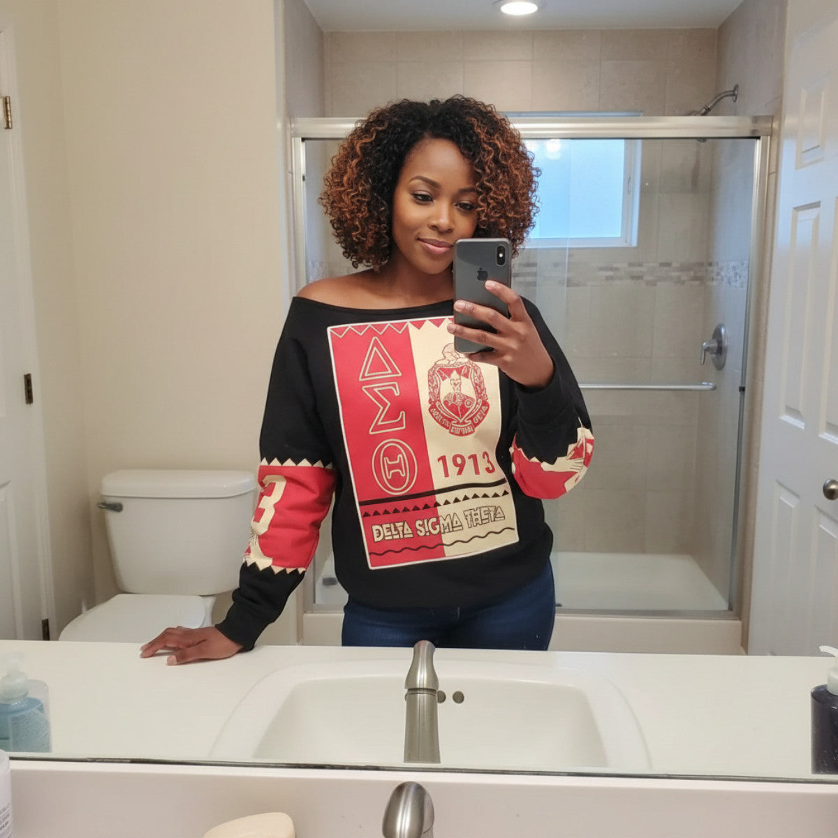 Deltas 1913 Black History Off Shoulder Sweater - Heritage Pride Panel Style (Campus)
