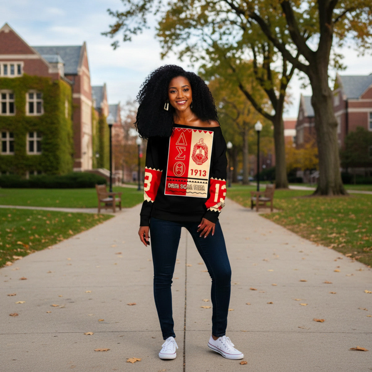 Deltas 1913 Black History Off Shoulder Sweater - Heritage Pride Panel Style (Campus)