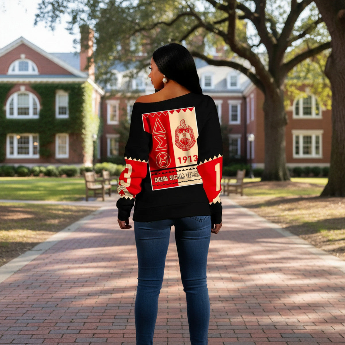 Deltas 1913 Black History Off Shoulder Sweater - Heritage Pride Panel Style (Campus)