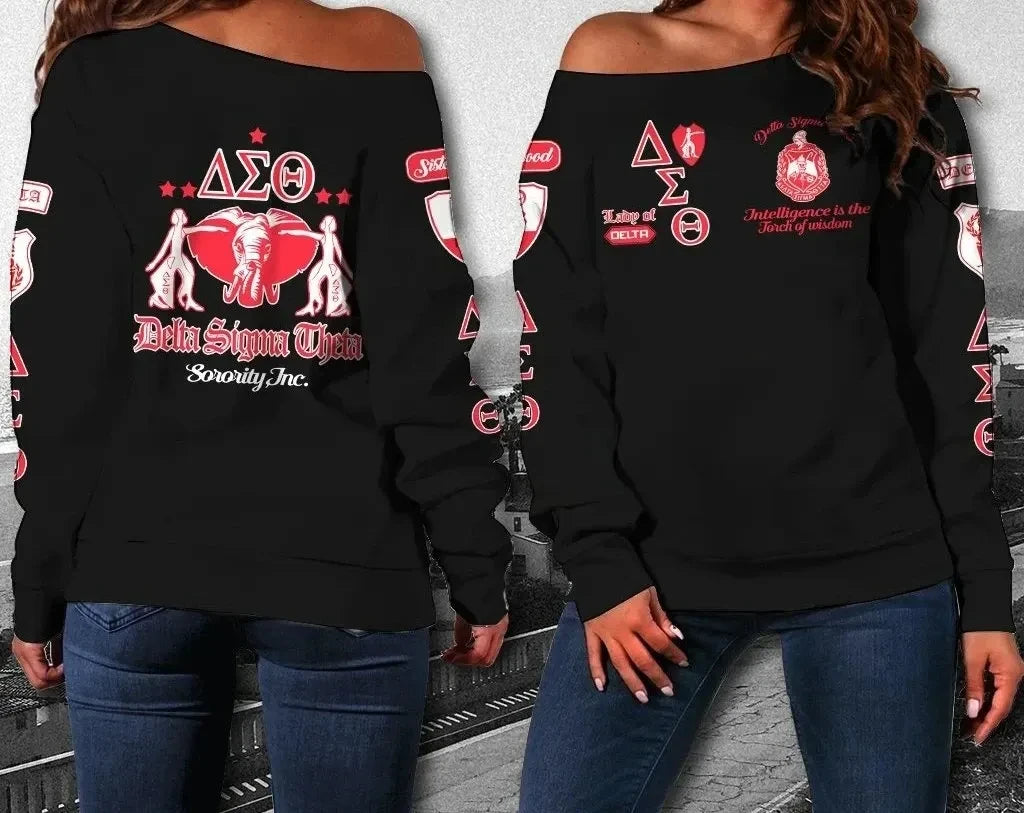 Deltas 1913 Elephant Sisterhood Off Shoulder Sweater - Black Pride Statement (Campus)