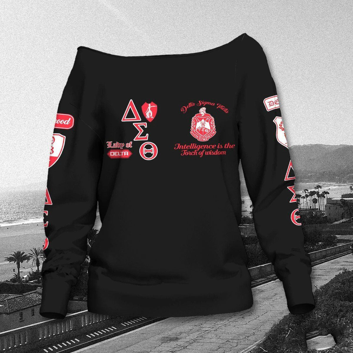 Deltas 1913 Elephant Sisterhood Off Shoulder Sweater - Black Pride Statement (Campus)