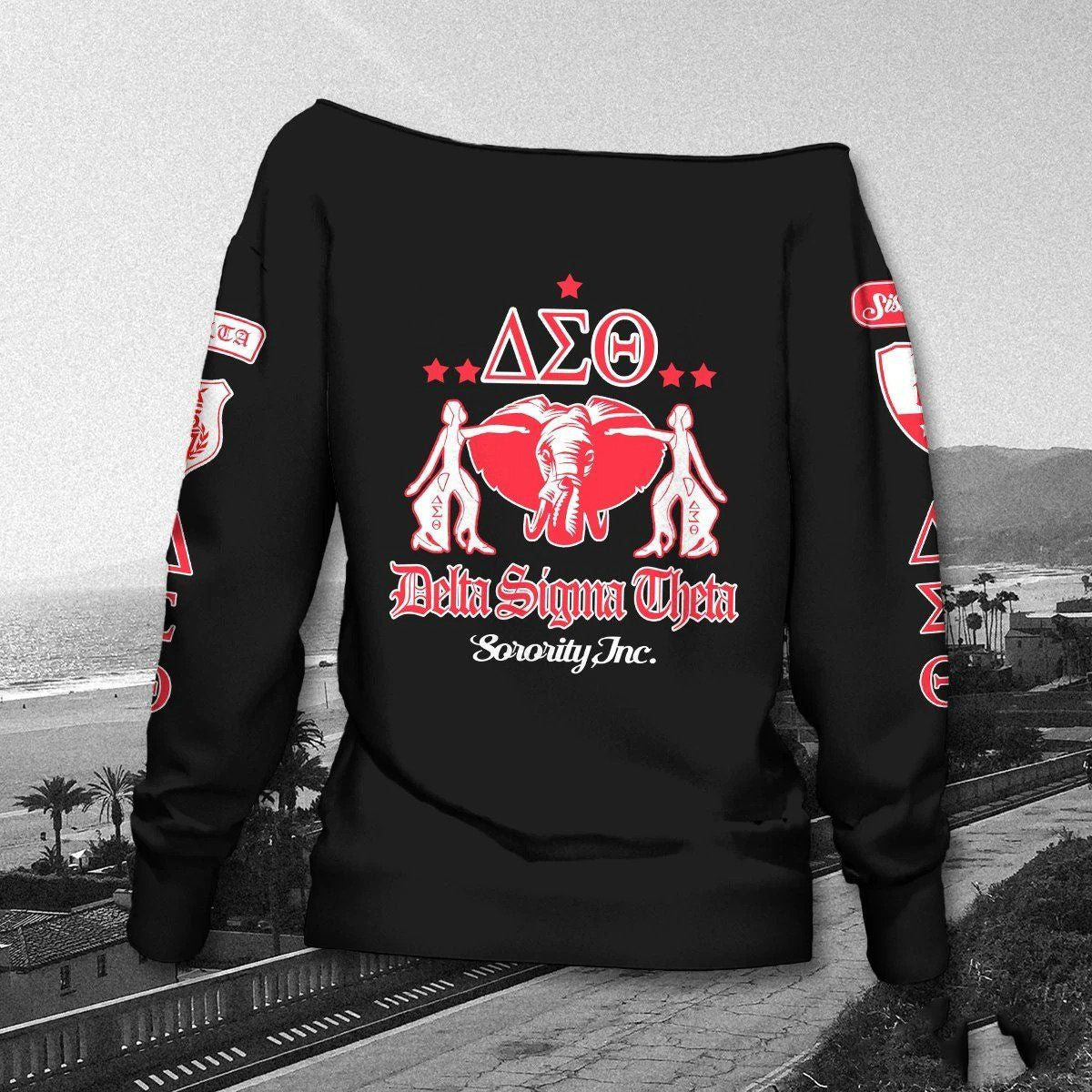 Deltas 1913 Elephant Sisterhood Off Shoulder Sweater - Black Pride Statement (Campus)