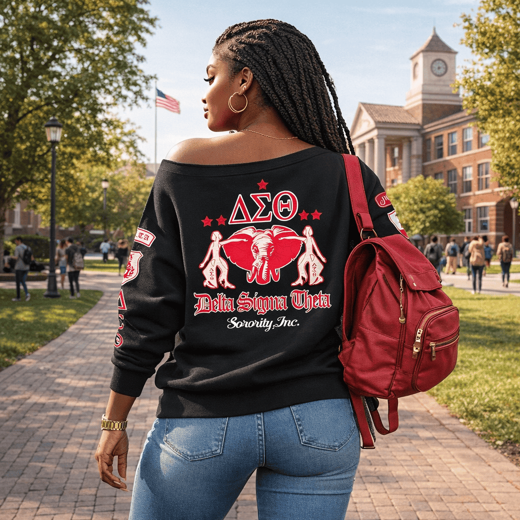 Deltas 1913 Elephant Sisterhood Off Shoulder Sweater - Black Pride Statement (Campus)