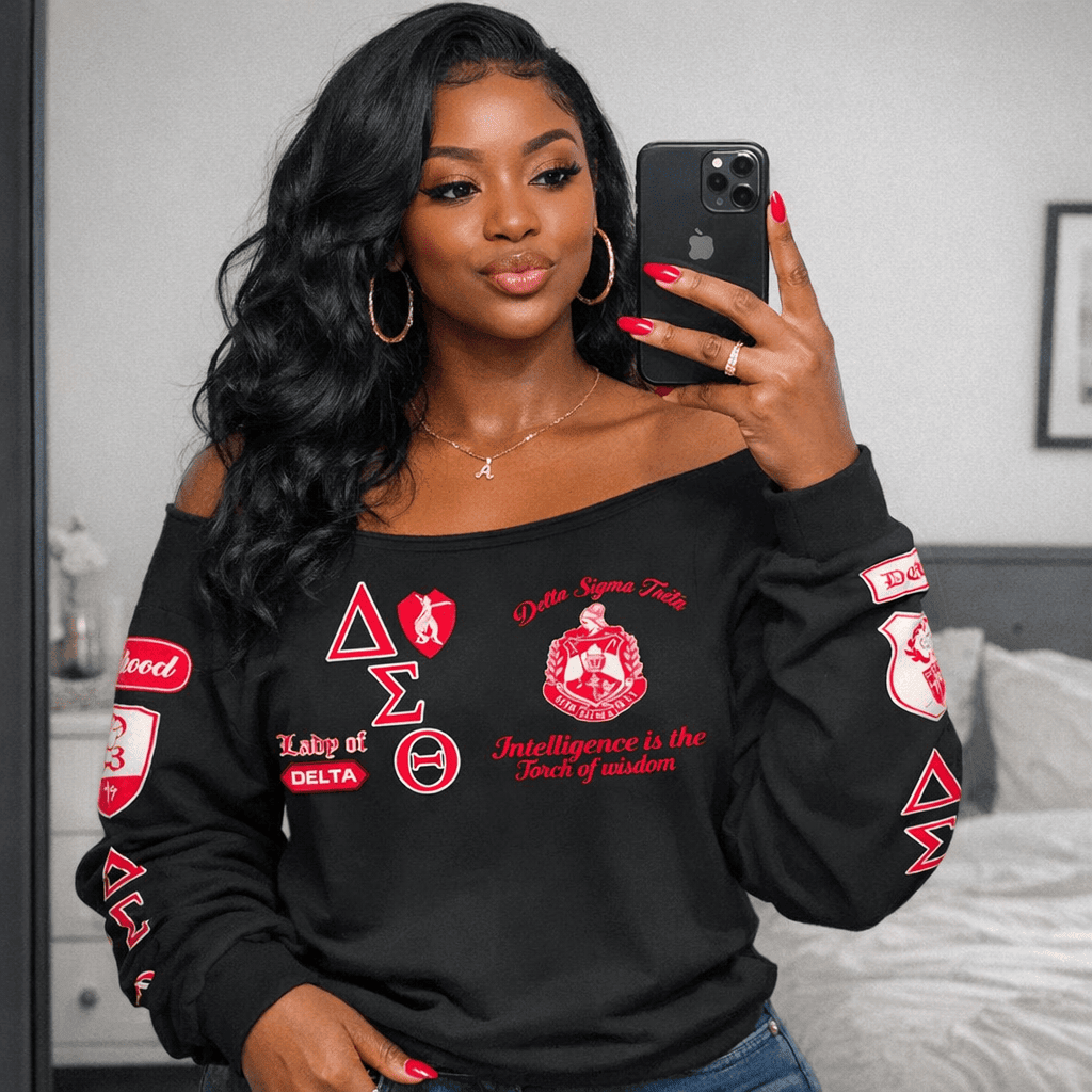 Deltas 1913 Elephant Sisterhood Off Shoulder Sweater - Black Pride Statement (Campus)