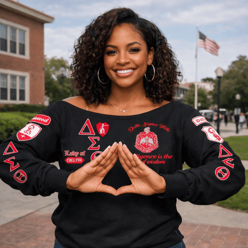 Deltas 1913 Elephant Sisterhood Off Shoulder Sweater - Black Pride Statement (Campus)