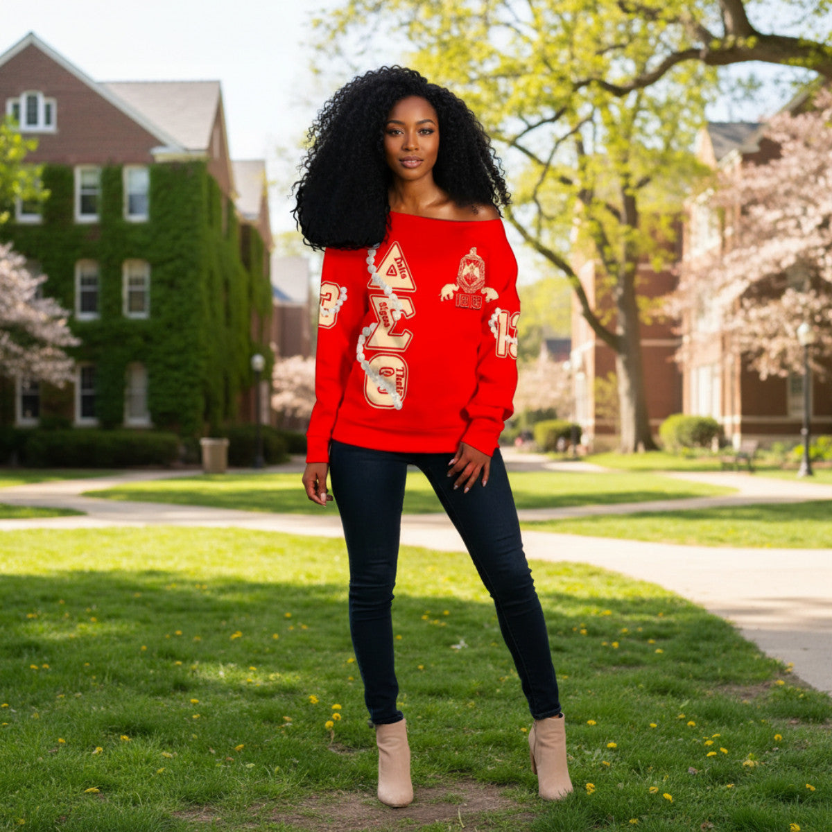 Deltas 1913 Sisterhood Pearl Off Shoulder Sweater - Gift for Her Legacy Pride