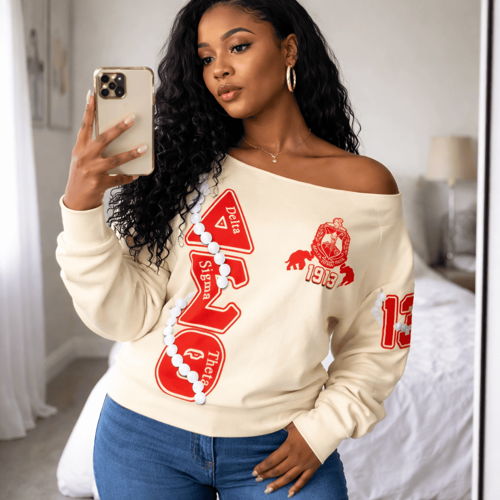 Deltas 1913 Sisterhood Pearl Off Shoulder Sweater - Gift for Her Legacy Pride