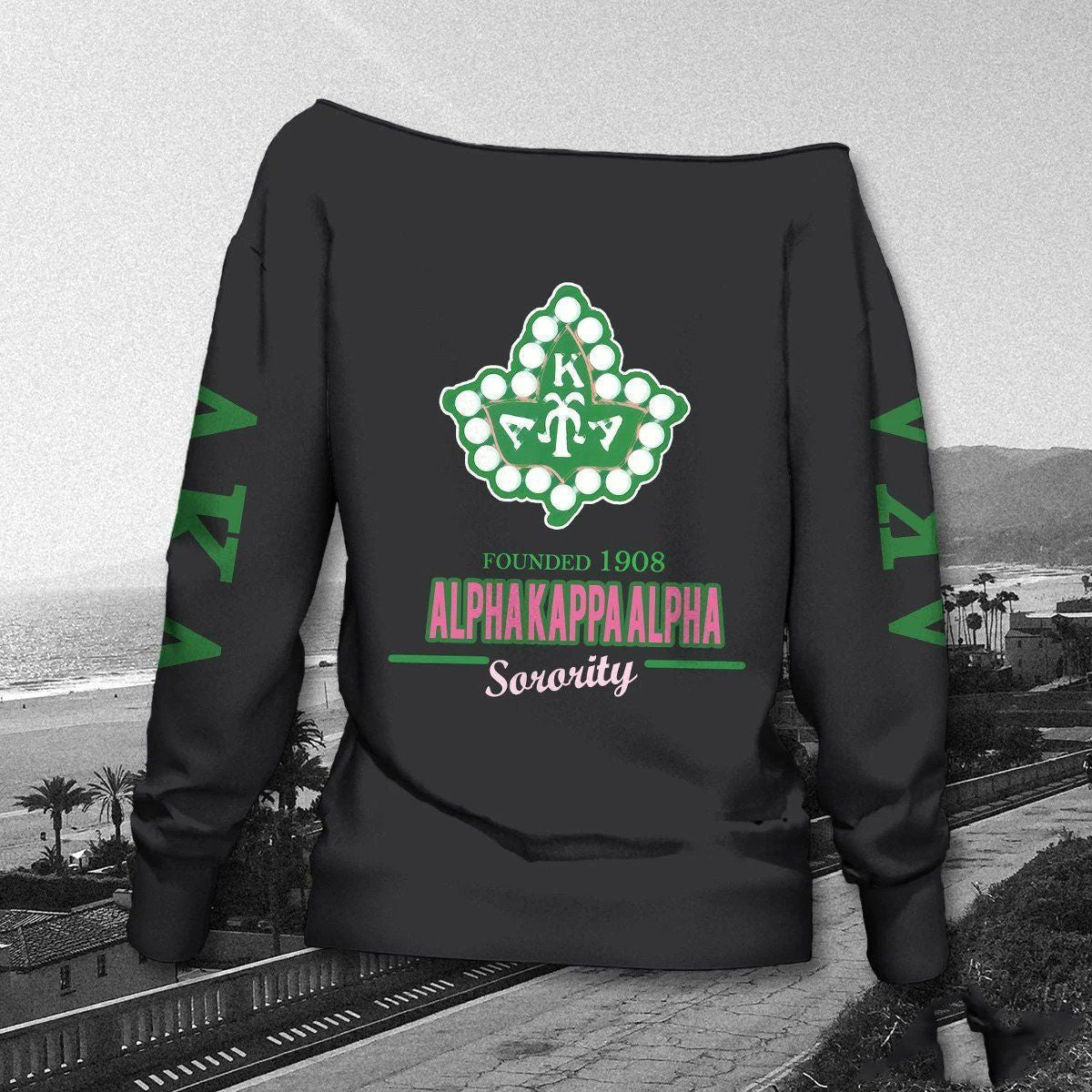 Green & Pink Greek Sorority Off Shoulder Sweatshirt – Cozy 1908 Sisterhood AKA Ivy Leaf