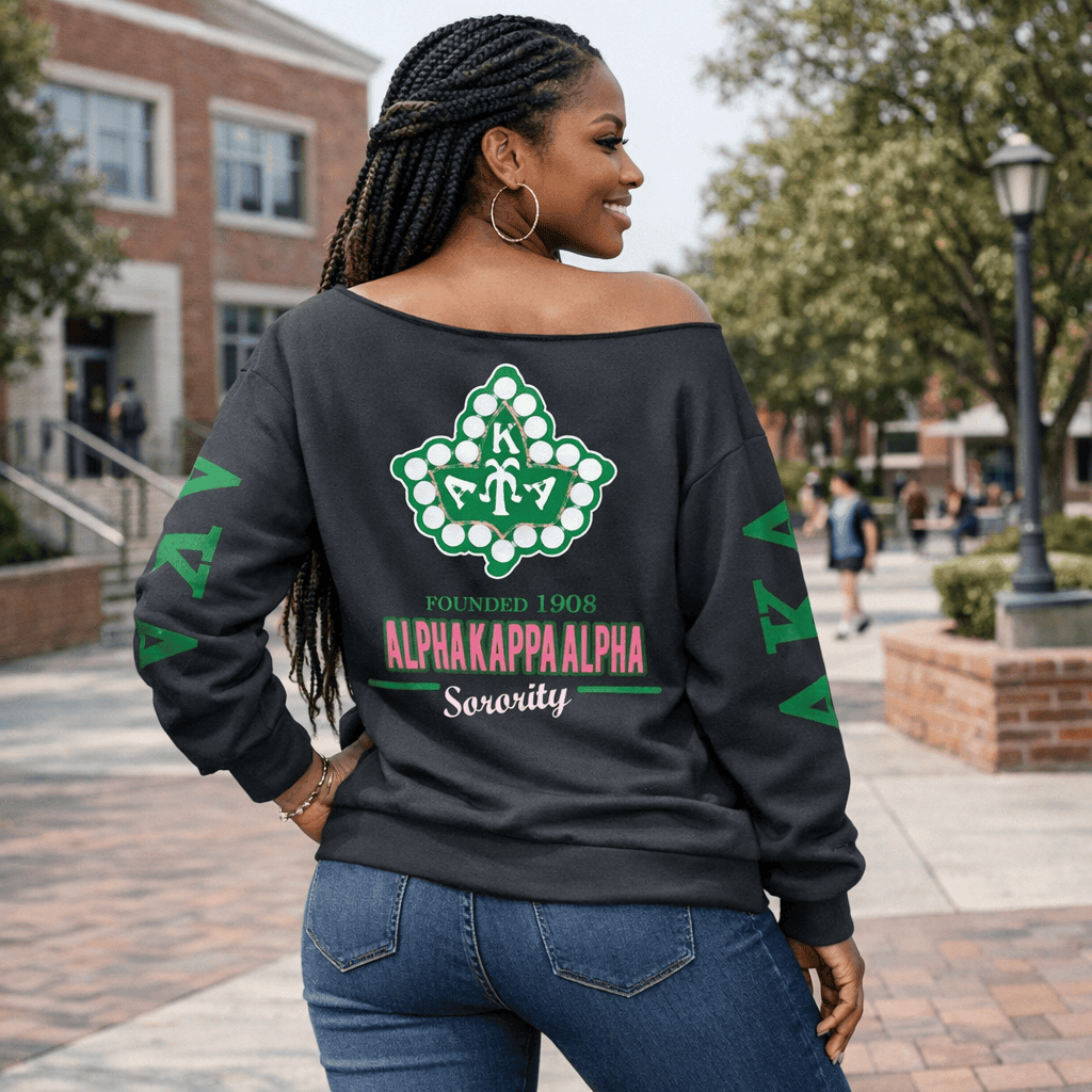 Green & Pink Greek Sorority Off Shoulder Sweatshirt – Cozy 1908 Sisterhood AKA Ivy Leaf