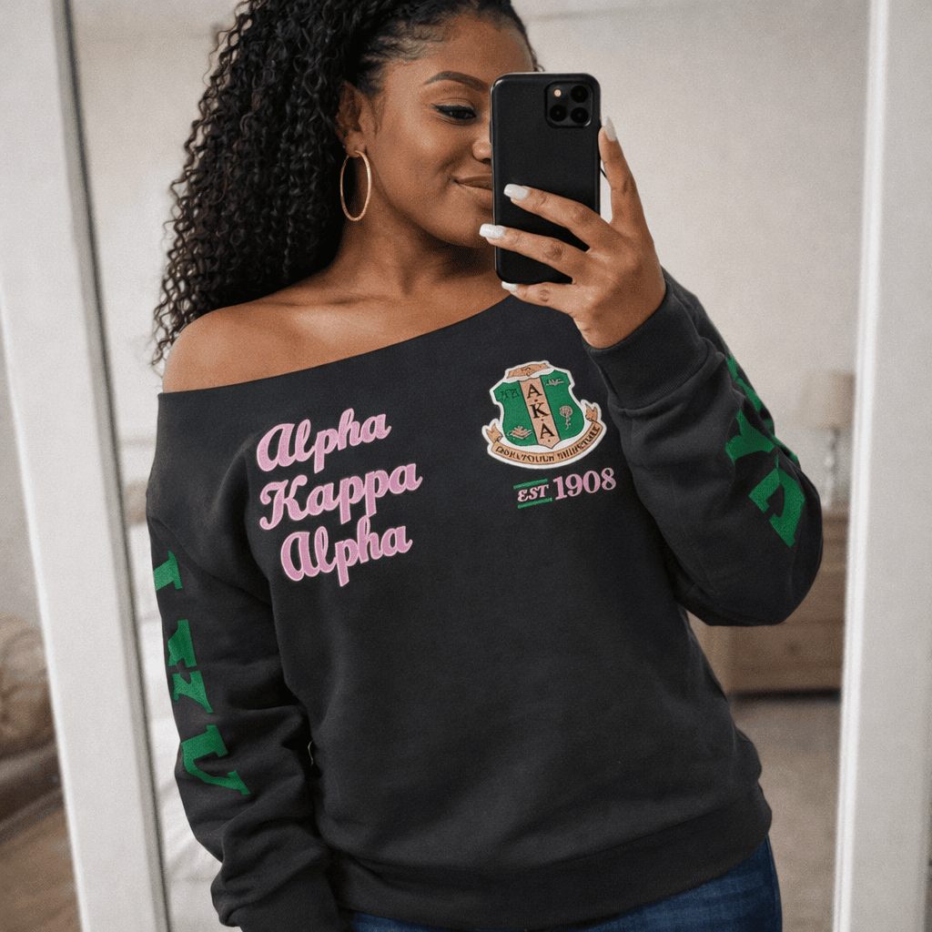 Green & Pink Greek Sorority Off Shoulder Sweatshirt – Cozy 1908 Sisterhood AKA Ivy Leaf