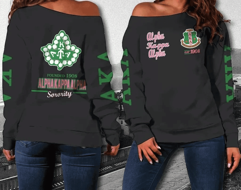 Green & Pink Greek Sorority Off Shoulder Sweatshirt – Cozy 1908 Sisterhood AKA Ivy Leaf