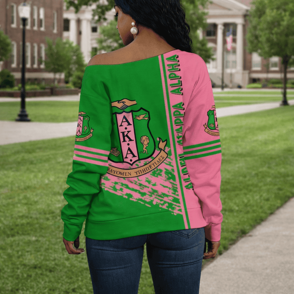 Sisterhood 1908 Inspired Off-Shoulder Sweatshirt – Green Pink Crest Design