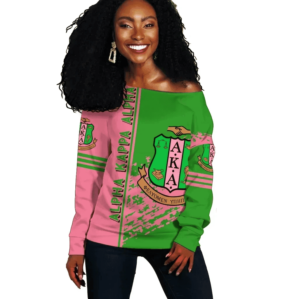 Sisterhood 1908 Inspired Off-Shoulder Sweatshirt – Green Pink Crest Design