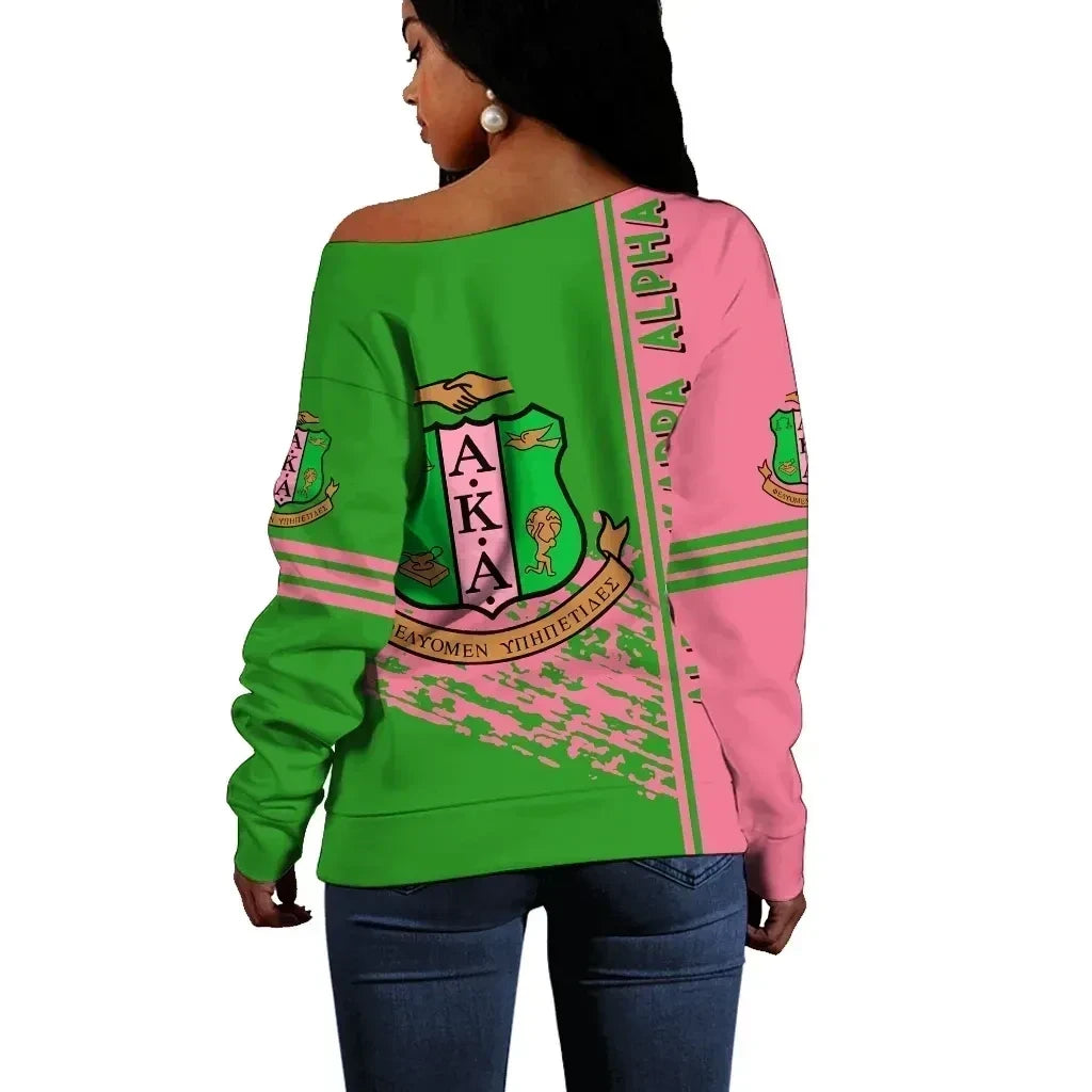 Sisterhood 1908 Inspired Off-Shoulder Sweatshirt – Green Pink Crest Design