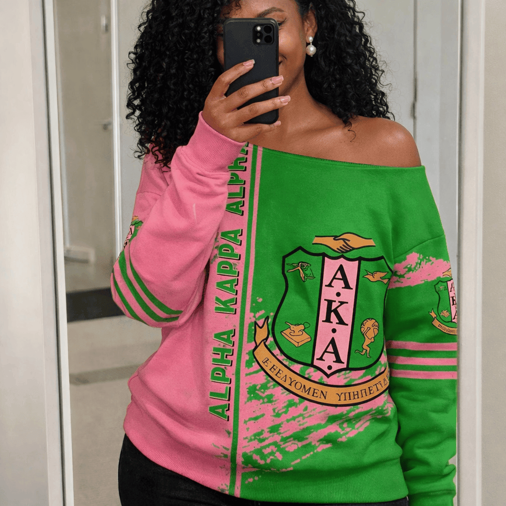 Sisterhood 1908 Inspired Off-Shoulder Sweatshirt – Green Pink Crest Design