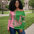 Sisterhood 1908 Inspired Off-Shoulder Sweatshirt – Green Pink Crest Design