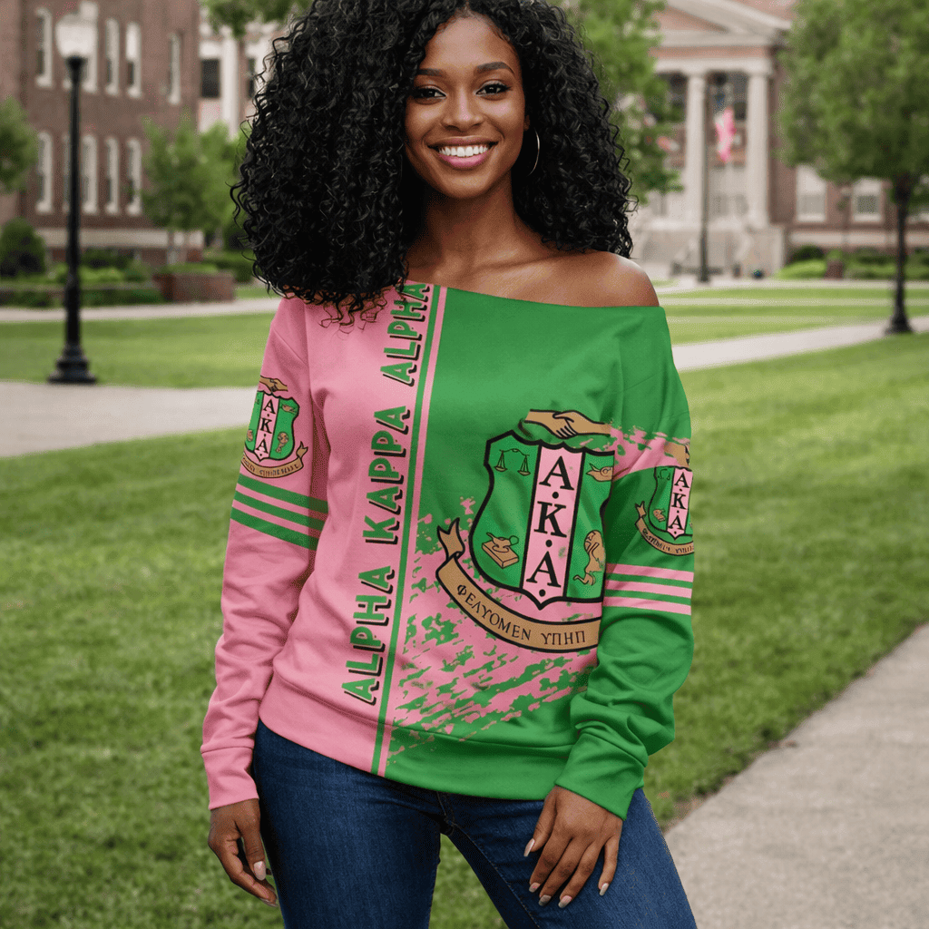 Sisterhood 1908 Inspired Off-Shoulder Sweatshirt – Green Pink Crest Design
