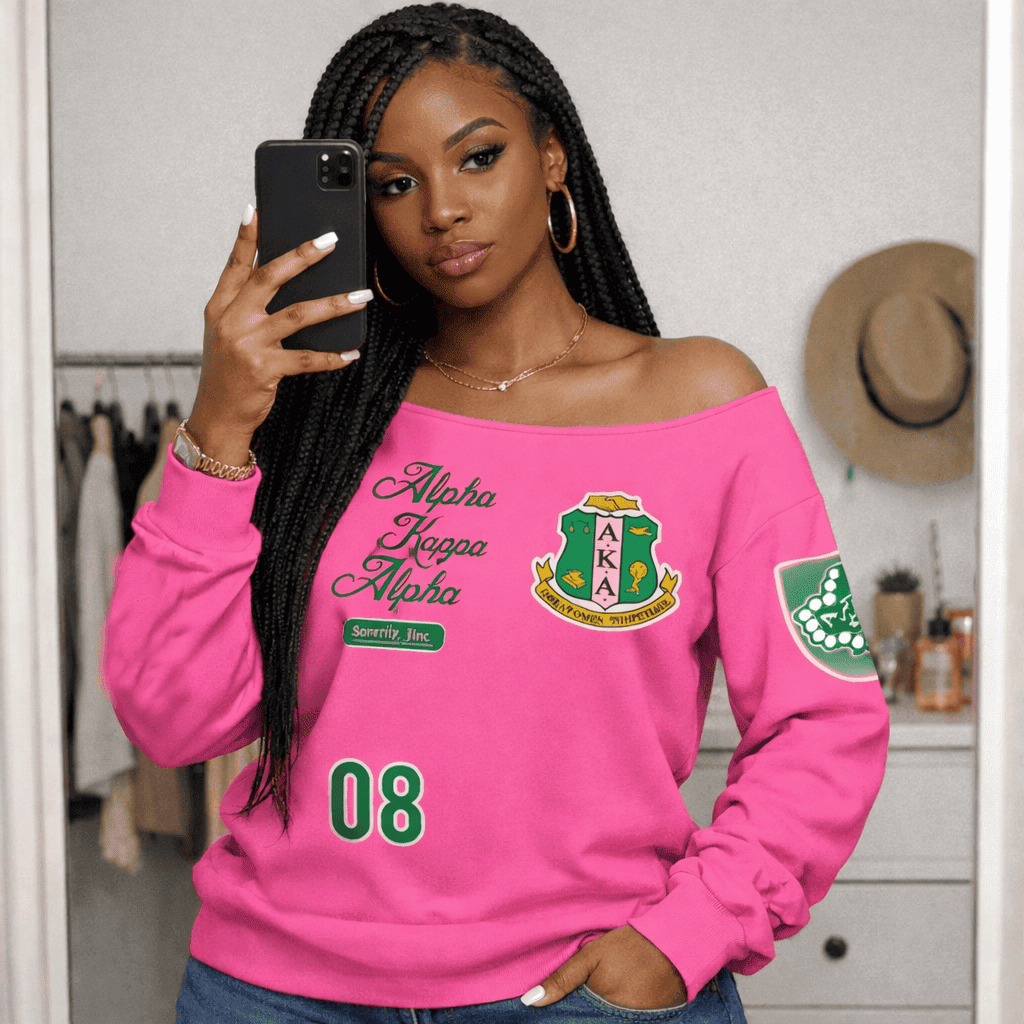 Women’s Greek-Inspired Pink Off Shoulder Sweater – 1908 Crest Style, Comfy Fit