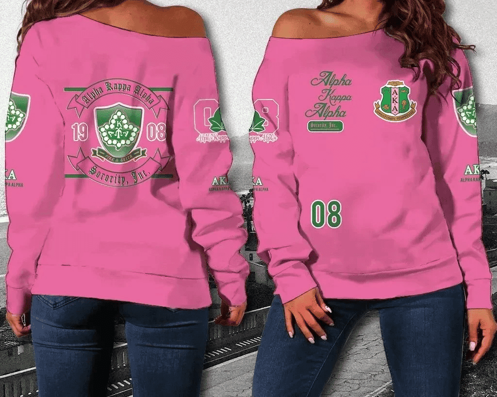 Women’s Greek-Inspired Pink Off Shoulder Sweater – 1908 Crest Style, Comfy Fit