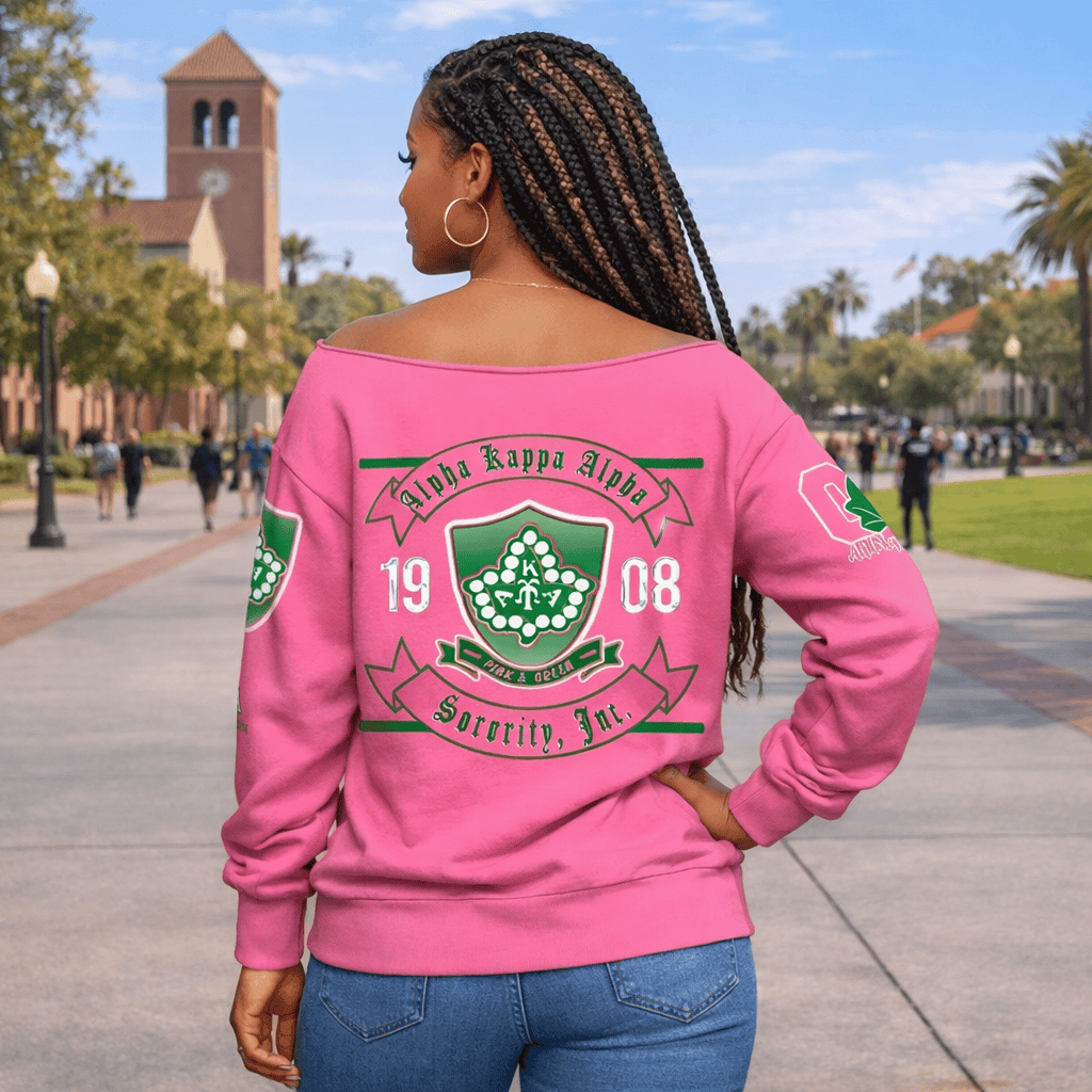Women’s Greek-Inspired Pink Off Shoulder Sweater – 1908 Crest Style, Comfy Fit
