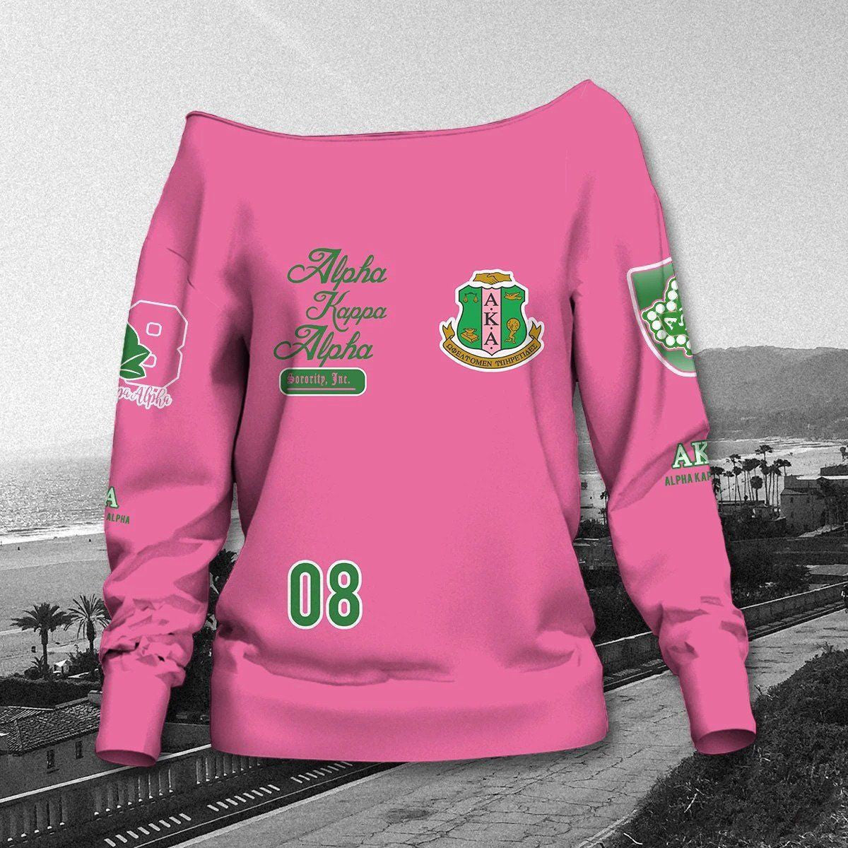 Women’s Greek-Inspired Pink Off Shoulder Sweater – 1908 Crest Style, Comfy Fit