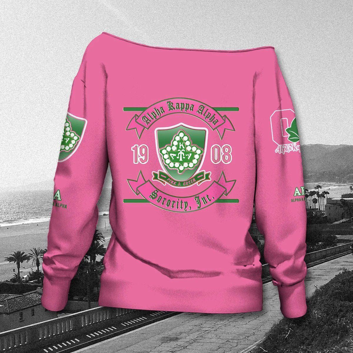 Women’s Greek-Inspired Pink Off Shoulder Sweater – 1908 Crest Style, Comfy Fit