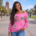 Women’s Greek-Inspired Pink Off Shoulder Sweater – 1908 Crest Style, Comfy Fit